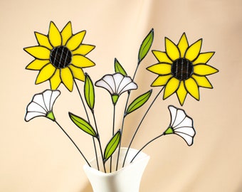 Stained Glass Sunflower  Bouquet On Stem, 3 white flowers,  2 Sunflowers,  2 branch with leaves