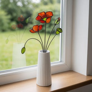 Stained Glass Flower Bouquet Poppy On Stem, Window Hangings