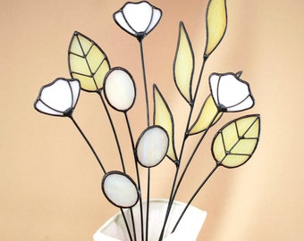Gebrandschilderd bloemboeket op steel, 3D-gebrandschilderd glas, glazen bloem, glasdecor