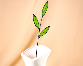 Stained Glass Green Leaves on a Stem - Single Branch