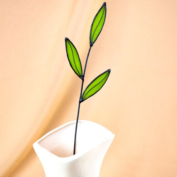 Stained Glass Green Leaves on a Stem - Single Branch