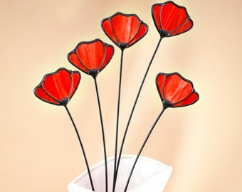Stained Glass Red Flower on a Stem - Single Branch