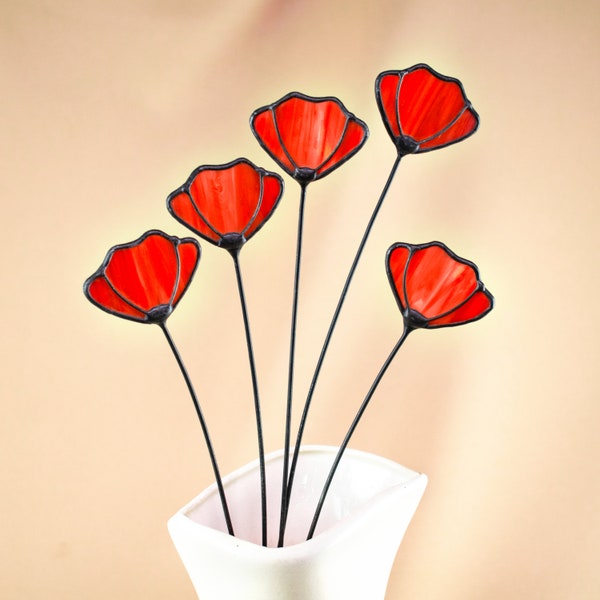 Stained Glass Red Flower on a Stem - Single Branch