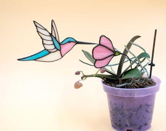 Stained Glass Hummingbird Hovering Near a Flower Garden Stake, Plant Stake