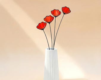 Stained Glass Red Flower on a Stem - Single Branch
