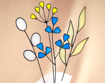 Gebrandschilderd bloemboeket op steel, 3D-gebrandschilderd glas, glazen bloem, glasdecor