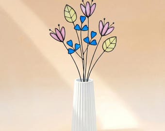 Gebrandschilderd bloemboeket op steel, 3D-gebrandschilderd glas, glazen bloem, glasdecor