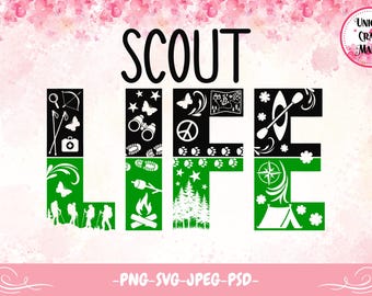May include: A graphic design reading "SCOUT LIFE" in black and white, with camping and scouting-related icons filling the letters. The design includes a bow and arrow, binoculars, a map, a canoe, and a tent. The background is pink and white.