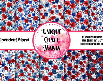 Papeles digitales con diseños florales independientes, motivos florales patrióticos y acuarelas para álbumes de recortes del 4 de julio (10 archivos sin costuras de 12"x12").