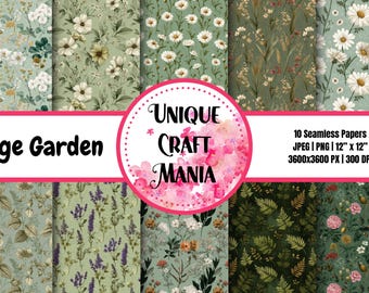 Jardín de salvia, verde, verde salvia, estilo cottagecore, papel envejecido, papel vintage, botánico, patrón sin costuras, papel digital, PNG, JPEG