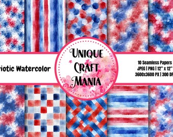 Paquete de papeles digitales de acuarela patriótica (10 imágenes JPEG y PNG sin costuras)