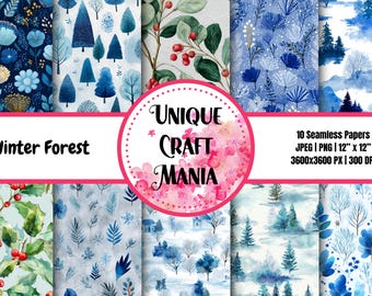 Patrón de bosque invernal en acuarela, diseño navideño sin costuras (PNG, JPEG)