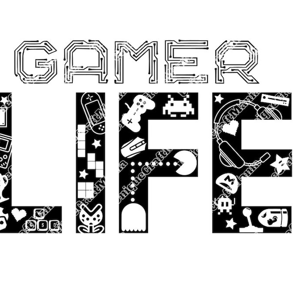 Gamer Life, Video Games, Super Mario, Space Invaders, PNG, SVG, Digital Download, Sublimation Design, Printable, Digital Download