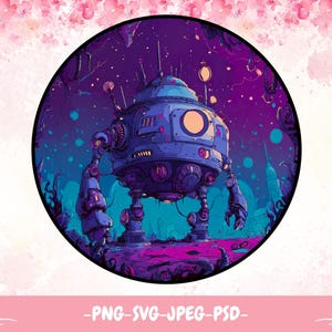 May include: Digital illustration of a retro-futuristic robot with a round body, multiple legs, and mechanical arms. The robot is set against a vibrant purple and blue alien landscape, enclosed within a black circle.