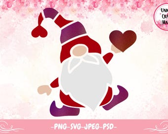 Diseño de sublimación de gnomo de San Valentín, corazón (png, svg, jpeg, psd) (descarga digital)