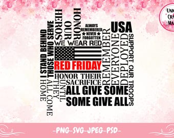 May include: A digital design with patriotic text and an American flag. The words "Red Friday," "Honour," "Remember," and "Support Our Troops" are featured. The background is a watercolour wash with pink and white hues.