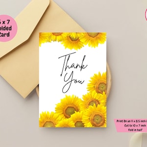 Merci, carte de remerciement, tournesol, tournesols, carte florale, carte imprimable, carte vierge, impression et pliage