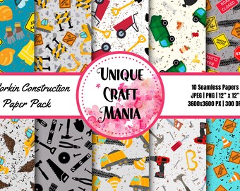 Papeles digitales de construcción, papel para álbumes de recortes de construcción, fondos de construcción, camiones de construcción, herramientas de construcción, papel digital