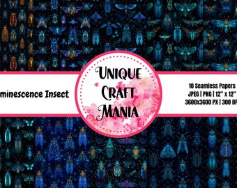 Papel digital con patrón continuo de insectos bioluminiscentes (10 hojas)
