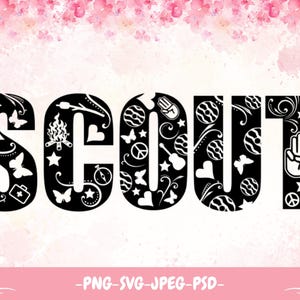 May include: A black and white graphic of the word "SCOUT", filled with camping and nature-themed illustrations, such as butterflies and a campfire. The design is set against a pink watercolour background.