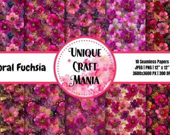 Fucsia floral, rosa, rojo, dorado, floral, tinta de alcohol, purpurina, patrón sin costuras, papel digital, PNG, JPEG