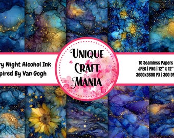 Tinta de alcohol Noche estrellada, Tinta de alcohol, Noche estrellada, Van Gogh, Acuarela Noche estrellada, Patrón sin costuras, Papel sin costuras, Papel digital, PNG