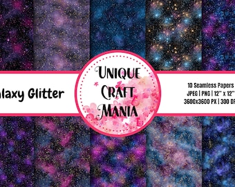 Paquete de papeles digitales Galaxy Glitter, fondos de nebulosa sin costuras (descarga digital)