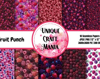 Paquete de papeles digitales Fruit Punch, patrón sin costuras de bayas rojas y rosas (10 archivos JPEG y PNG)