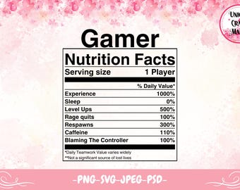 Gamer Nutrition Facts Design, Video Game (png, svg, jpg, psd Digital Download)