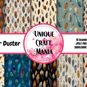 Puede incluir: Diez papeles sin costuras con diseños de plumas en acuarela en varios colores. Los papeles miden 12" x 12" (30,48 cm x 30,48 cm) e incluyen el texto "Feather Duster" y "Unique Craft Mania". La imagen también indica que los papeles son de 3600x3600 PX a 300 DPI.