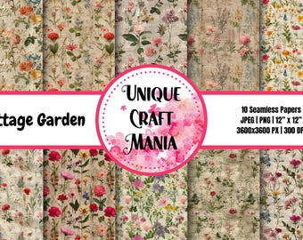 Jardín campestre, floral, efímero, estilo cottagecore, papel envejecido, papel vintage, jardín botánico, patrón sin costuras, papel digital, PNG, JPEG
