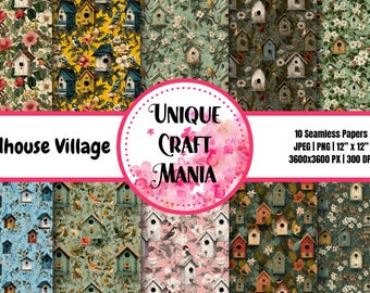 Pueblo de casitas para pájaros, patrón de casita para pájaros, casita para pájaros vintage, juego de papeles digitales, álbum de recortes de casitas para pájaros (JPEG y PNG)
