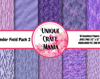 Paquete de 10 papeles digitales sin costuras de campo de lavanda