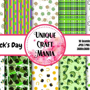 May include: Ten seamless St. Patrick's Day papers featuring shamrocks, rainbows, pots of gold, and leprechauns. The papers are 30.48 cm x 30.48 cm and are available in JPEG and PNG formats.