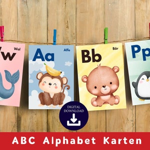 Cartões ilustrados ABC, cartões de aprendizagem, cartões A-Z, aprendizagem ABC, cartões de alfabeto, alfabeto infantil, DOWNLOAD