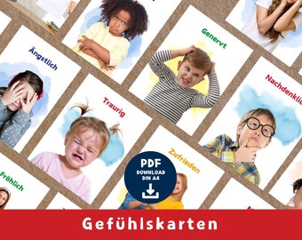 May include: A set of colourful emotion cards featuring children expressing different feelings. The cards include words like "Happy", "Sad", "Angry", "Scared", and "Thoughtful".
