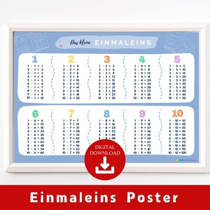 May include: A colourful multiplication chart poster with the title "Das kleine EINMALEINS" in German. The poster features a blue background with white outlines and colourful numbers. The chart includes multiplication tables from 1 to 10.