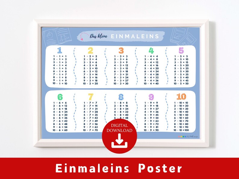 May include: A colourful multiplication chart poster with the title "Das kleine EINMALEINS" in German. The poster features a blue background with white outlines and colourful numbers. The chart includes multiplication tables from 1 to 10.