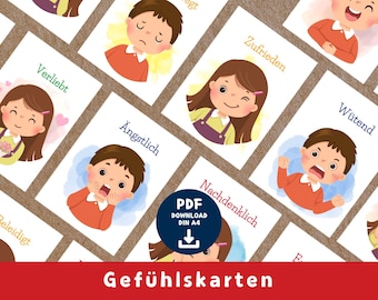 May include: A set of colorful emotion cards featuring illustrations of children expressing different feelings, such as happy, sad, angry, and scared. The cards are labeled with German words for each emotion. The text "Gefühlskarten" is at the bottom of the image.