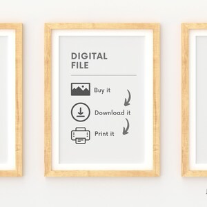 May include: An illustration of a digital file in a wooden frame. The illustration shows a picture, a download arrow, and a printer icon with the text "Buy it", "Download it", and "Print it" next to each icon.