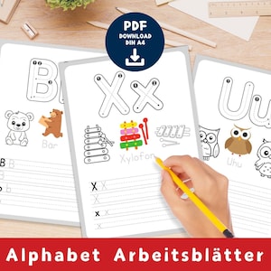 Hojas de trabajo del abecedario ABC / aprender a escribir / plantillas de letras para imprimir en PDF / imágenes en color