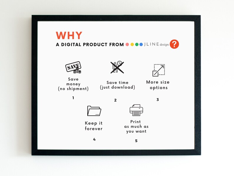 May include: A white background with a black frame around a white poster with the text "WHY A DIGITAL PRODUCT FROM JLINE design?" in black. The poster has five black icons with text below each icon. The icons are: a money bag with the word "SAVE" on it, a clock with a diagonal line through it, a square with an arrow pointing up and to the right, a folder, and a printer. The text below the icons is: "Save money (no shipment)", "Save time (just download)", "More size options", "Keep it forever", and "Print as much as you want".