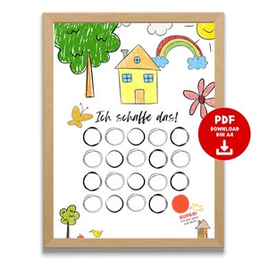 Könnte beinhalten: Ein druckbares Diagramm mit einem farbenfrohen handgezeichneten Design eines Hauses, Bäumen, eines Regenbogens und einer Blume. Das Diagramm hat 16 Kreise, die zum Verfolgen des Fortschritts ausgemalt werden können. Der Text "Ich schaffe das!" steht auf dem Diagramm.