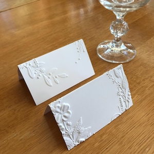 Wedding, floral embossed, name place cards, tent style!