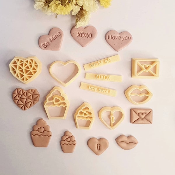 Colección de cortadores de arcilla para el día de San Valentín - Cortadores de aretes - corazón de origami, carta de amor, cupcake, xoxo, sello de te amo Herramienta de manualidades DIY