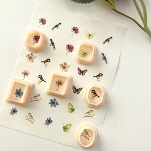 Puede incluir: Sellos de cera color melocotón con diseños florales e insectos, incluyendo mariposas, pájaros y flores. Los sellos tienen varias formas, como cuadrada, redonda y octogonal, y están dispuestos sobre un fondo de papel blanco.