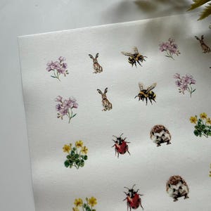 Può includere: Un foglio di adesivi con illustrazioni a tema natura. Gli adesivi raffigurano conigli, api, coccinelle, ricci e fiori nei toni del viola, giallo e rosso. Gli adesivi sono disposti su uno sfondo bianco.