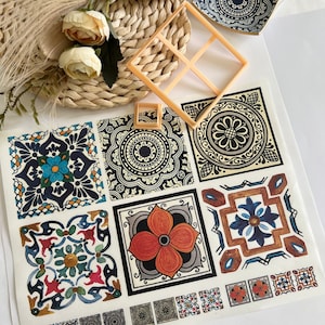 Big Tile Clay Transfer Sheets , Mediterranenan, for square Trinket Dish , Talavera Design, Water Soluble Transfer Paper, Polymer Clay image