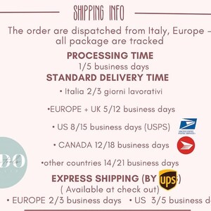 May include: Shipping information for orders from Italy, Europe. Processing time is 1-5 business days. Standard delivery times are listed for Italy, Europe, UK, US, Canada, and other countries. Express shipping is available at checkout with delivery times for Europe and US.