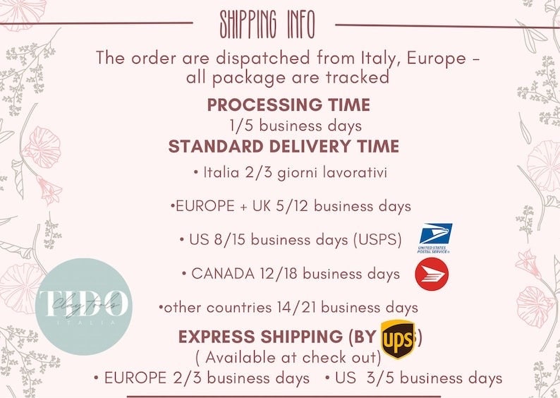 May include: Shipping information for orders from Italy, Europe. Processing time is 1-5 business days. Standard delivery times are listed for Italy, Europe, UK, US, Canada, and other countries. Express shipping is available at checkout with delivery times for Europe and US.